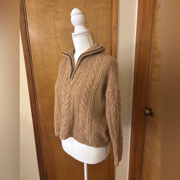 Madewell Brown/Tan Cable Knit Wool Silk Blend Half Zip Sweater - Picture 6 of 11
